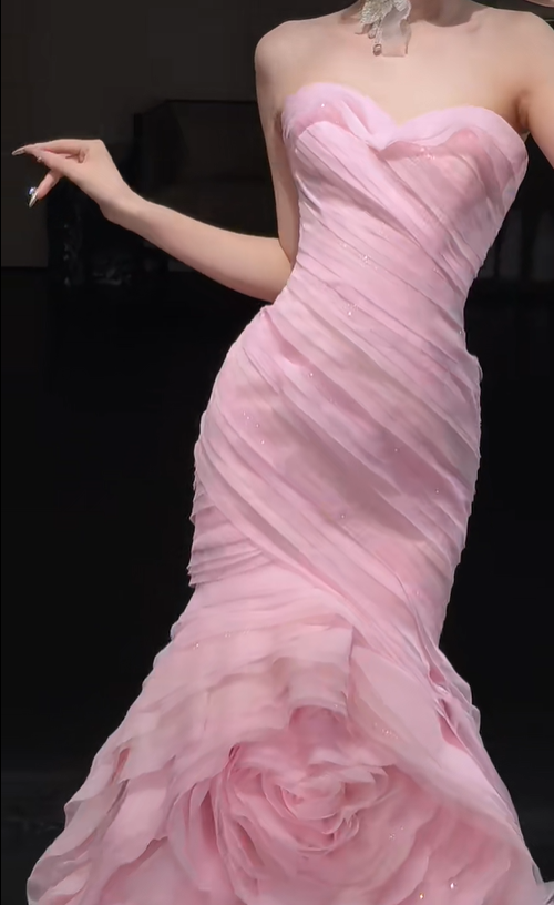 Gentle Mermaid Sweetheart Neck Layered Pink Tulle Long Party Dress Evening Dress DP2416