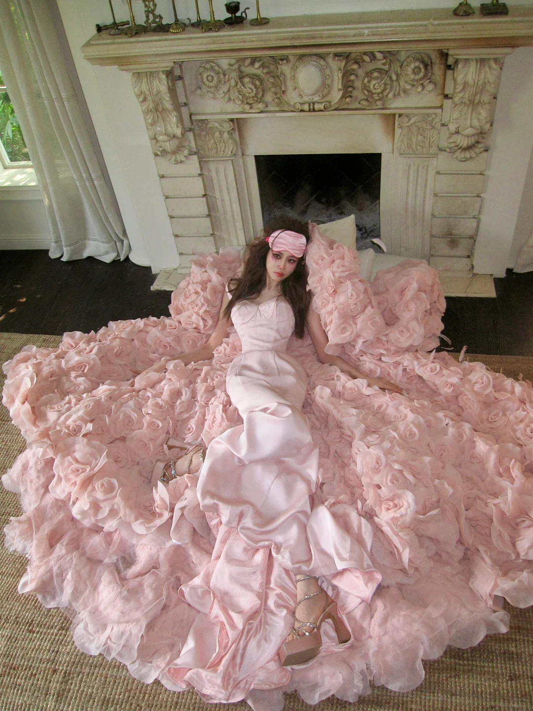 Unique Mermaid Straps Pink Satin Flower Tulle Party Dress Evening Dress DP2548