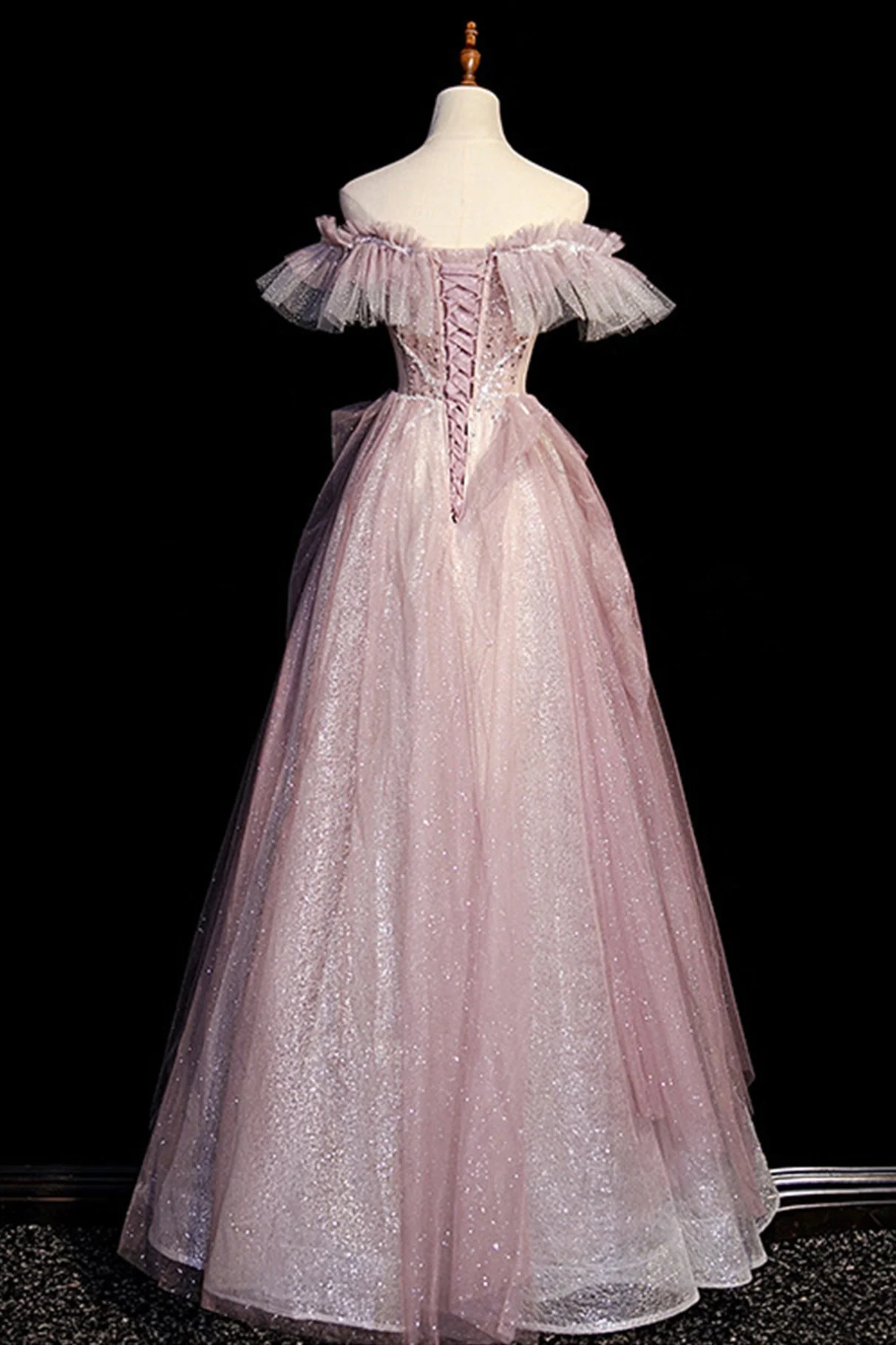 Pink Tulle Beaded Long A-Line Prom Dress Off the Shoulder Evening Party Dress DP344