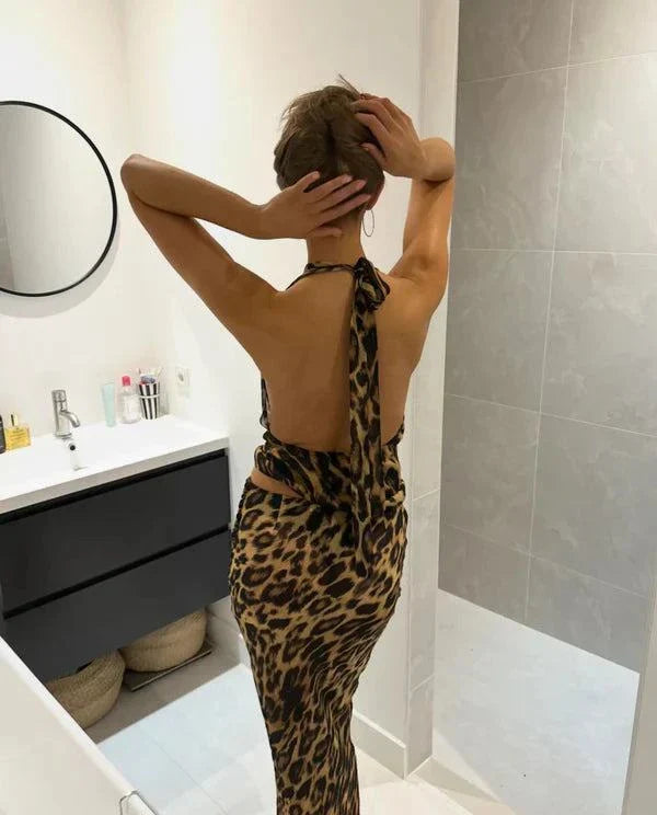 Sexy Mermaid V Neck Leopard Print Chiffon Long Evening Dress Outfits DP1244