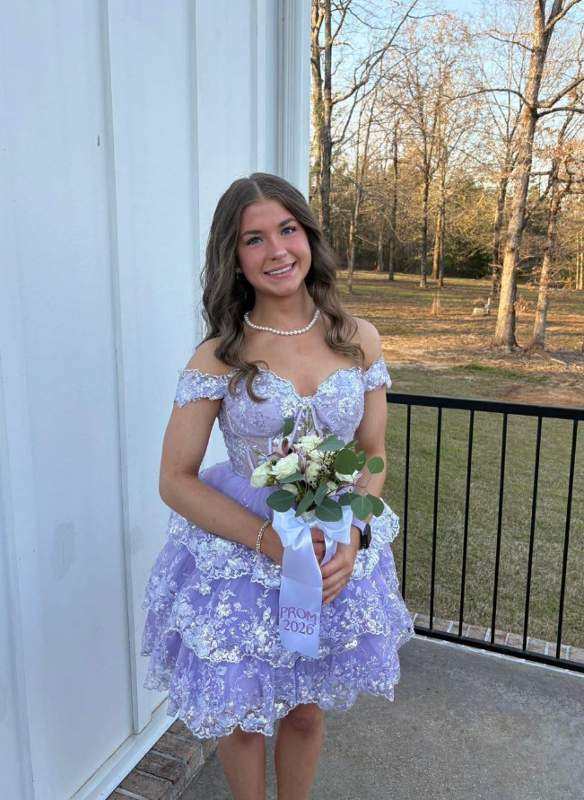 Cute Purple A Line Off the Shoulder Layered Sequin Tulle Short Prom Dress Homecoming Dress DP6316