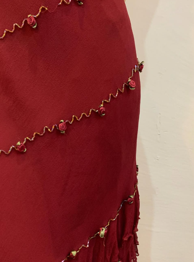 Vintage Sheath Spaghetti Strap Ruffle Beaded Burgundy Chiffon Prom Dress Evening Dress DP1635