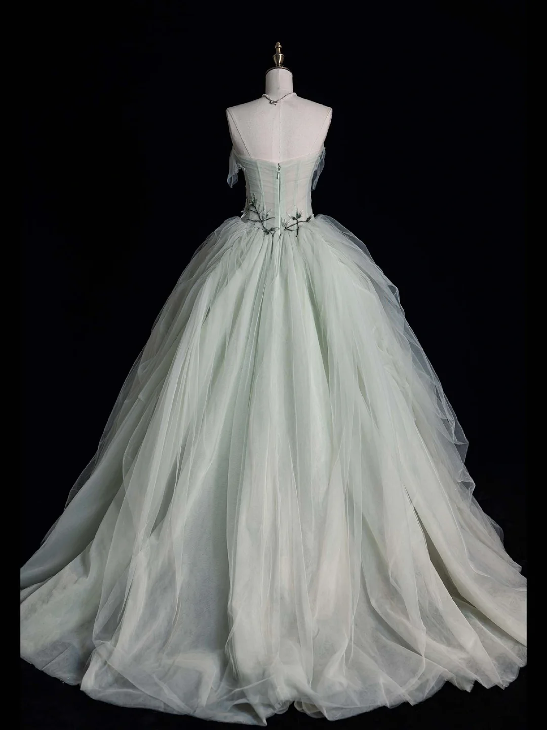 Romantic A Line Strapless Floral Sage Green Tulle Long Evening Dress Party Dress DP2300