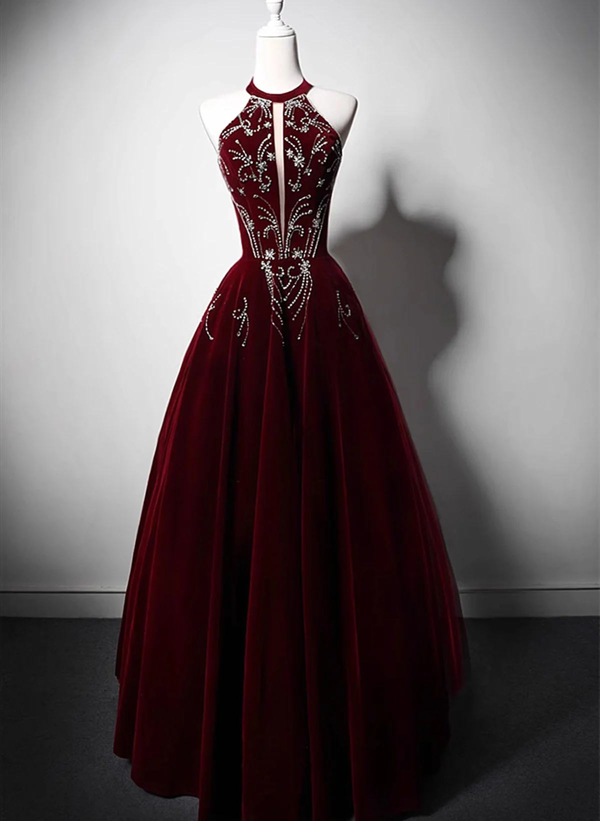 Burdundy Halter Velvet Long Beaded Prom Dress Formal Evening Gown DP220