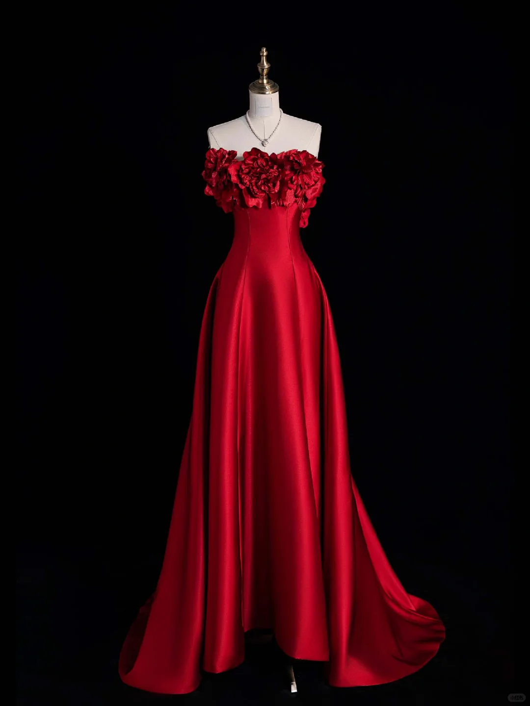 New A Line Strapless Red Flower Satin Long Prom Dress Graduation Prom Dress DP2266
