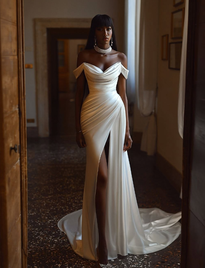 Elegant Mermaid Off the Shoulder White Satin Prom Dress Evening Dress with Slit DP1848