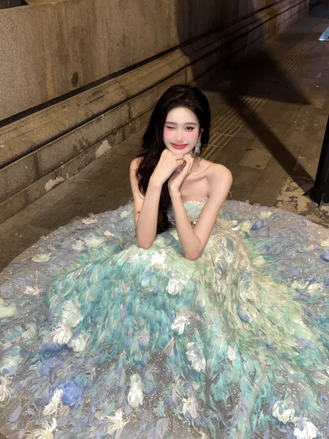 Stunning Ball Gown Strapless Blue Green Ombre Feather Tulle Prom Dress 16th Birthday Dress DP4241