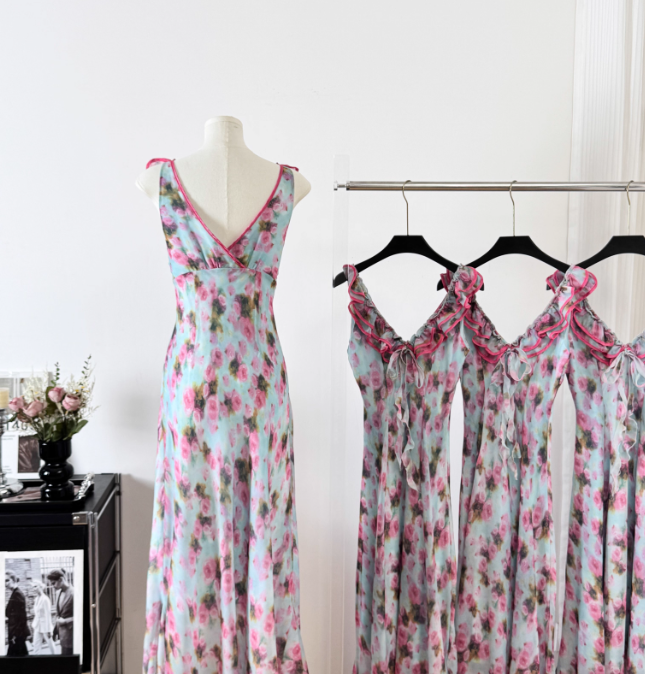Gentle A Line V Neck Print Floral Chiffon Vacation Dress Prom Dress Outfits DP3554