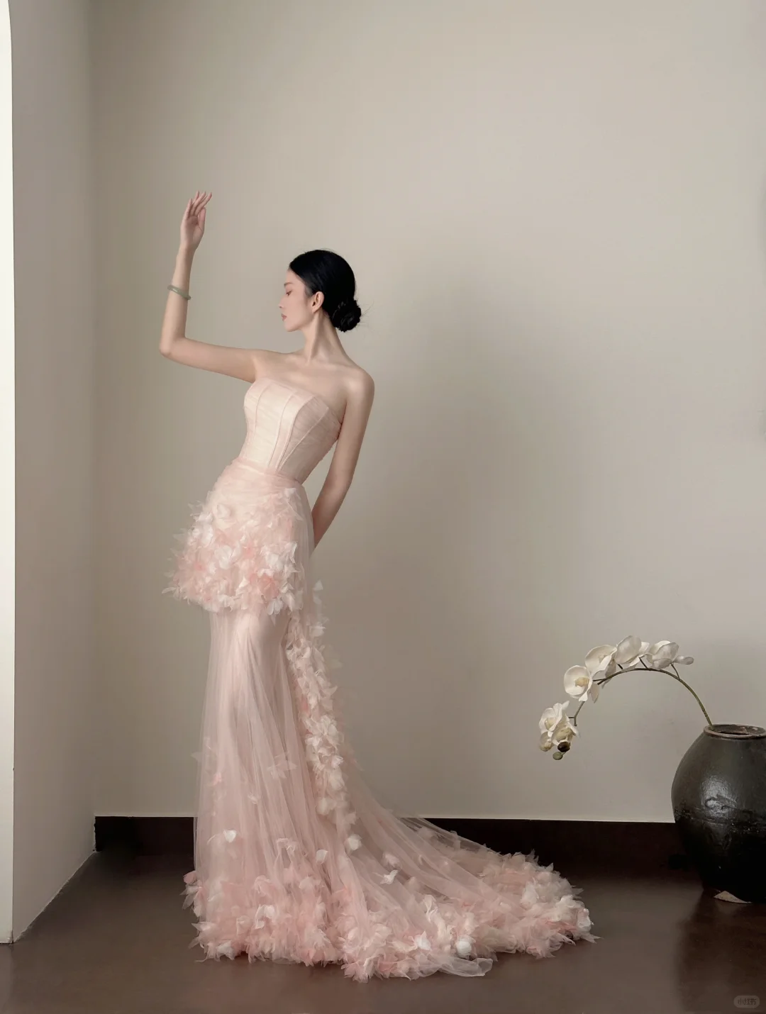 Dreamy Pink Mermaid Strapless Floral Tulle Prom Dress Formal Dress Party Dress DP3446