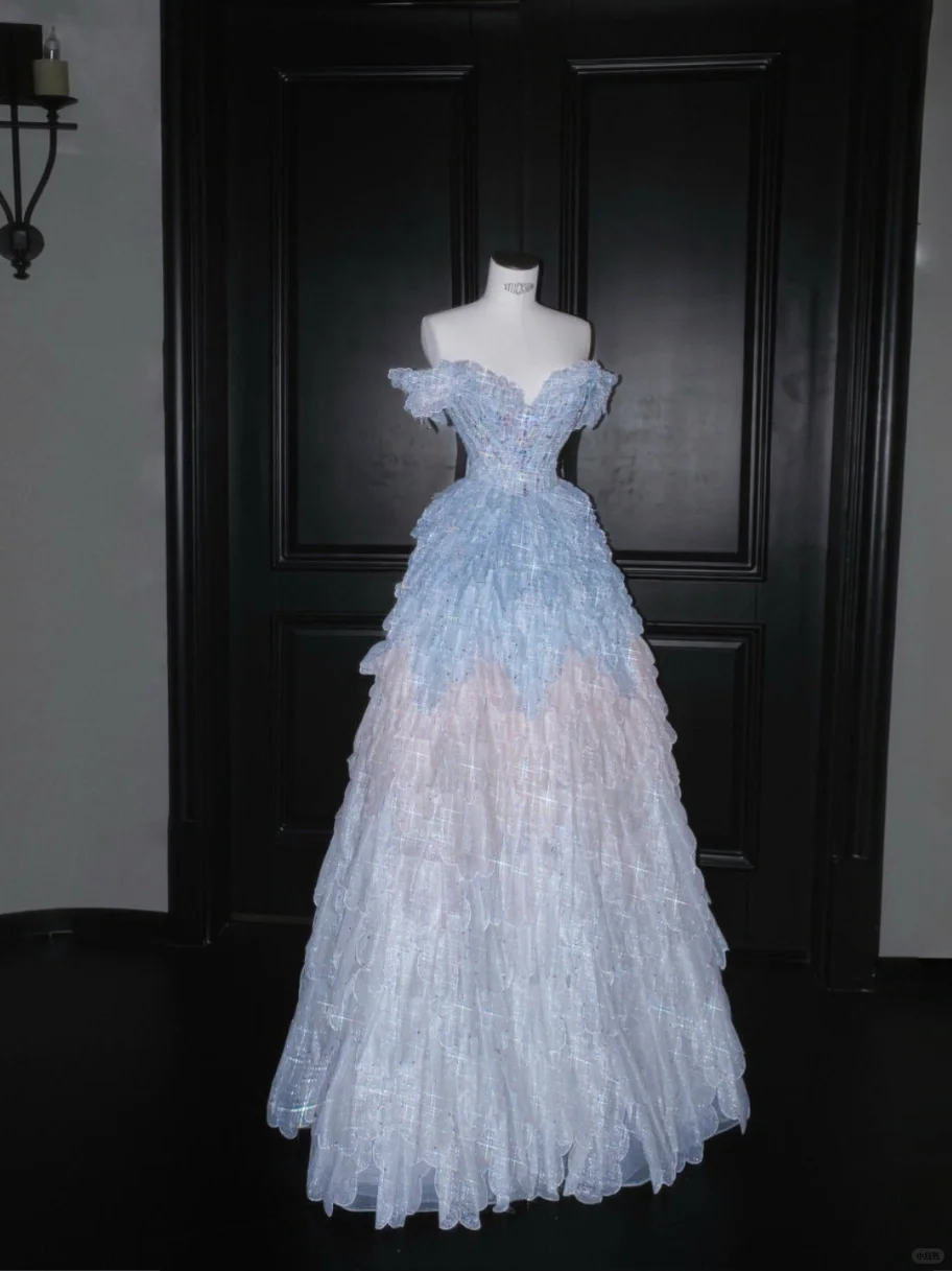 Gorgeous A Line Off the Shoulder Layered Beaded Blue Tulle Prom Dress Evening Dress DP2657