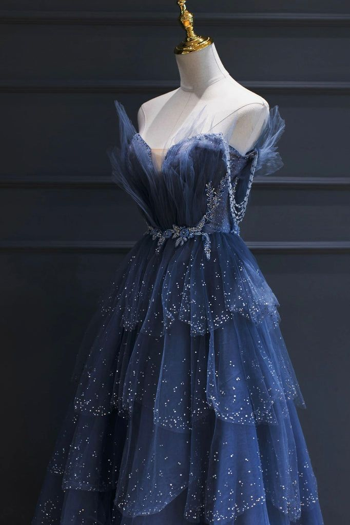 Blue Tulle Beaded Long Senior Prom Dress Fashion Evening Dress DP074