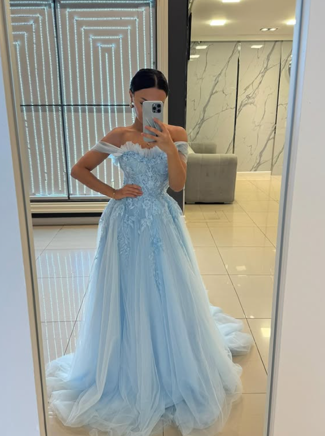 Princess Blue A Line Off the Shoulder Appliques Tulle Prom Dress Evening Dress DP6813