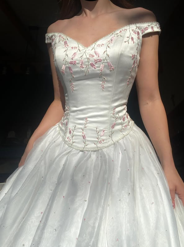 Retro Princess Ball Gown Off the Shoulder Pink Floral Satin Tulle Wedding Dress Prom Dress DP5529