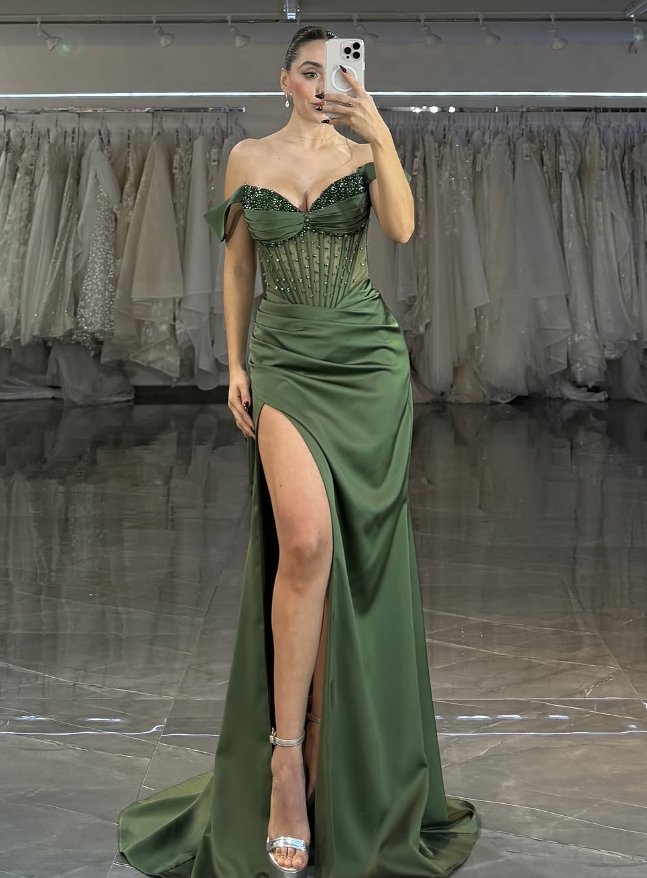 Green Sheath Off the Shoulder Beaded Satin Prom Dress Evening Dress with Slit DP1818