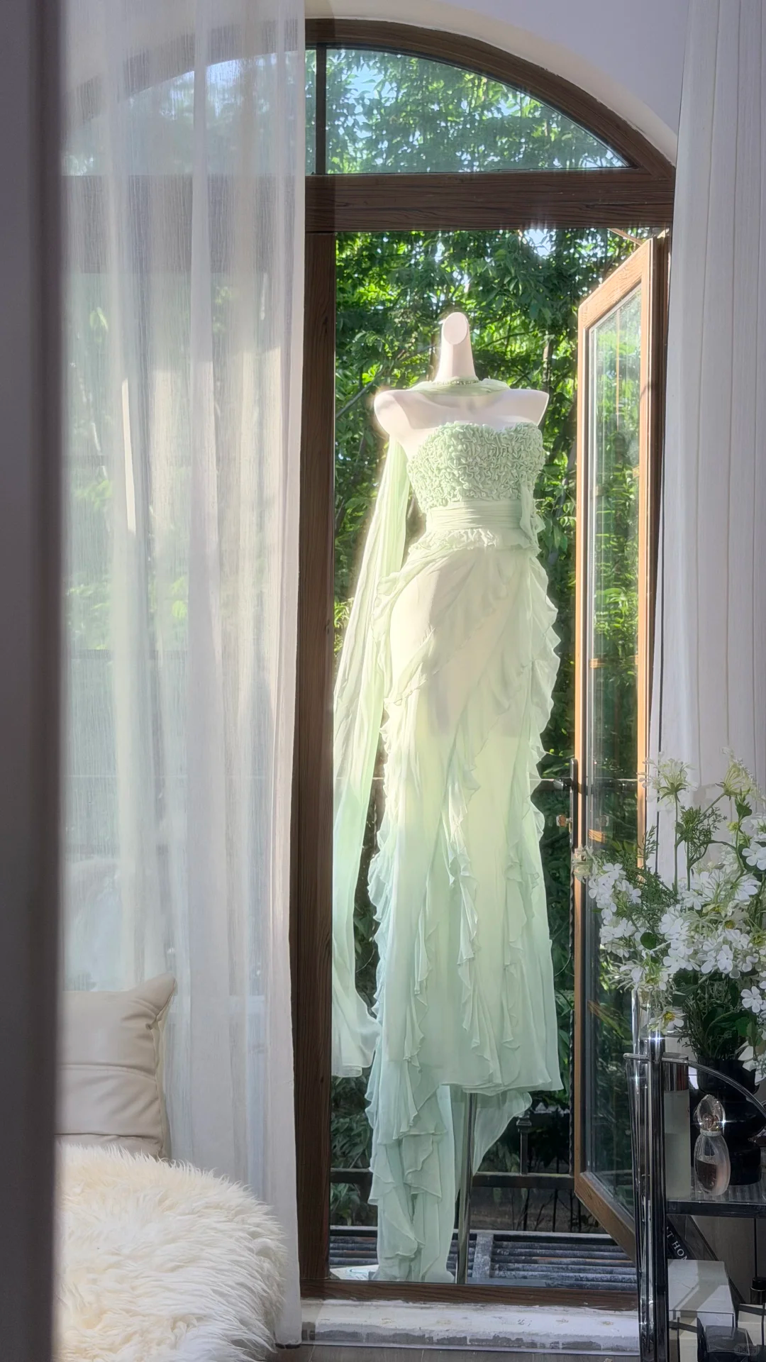 Light Green Vintage Beaded Ruffled Chiffon Gown Prom Dress DP5155