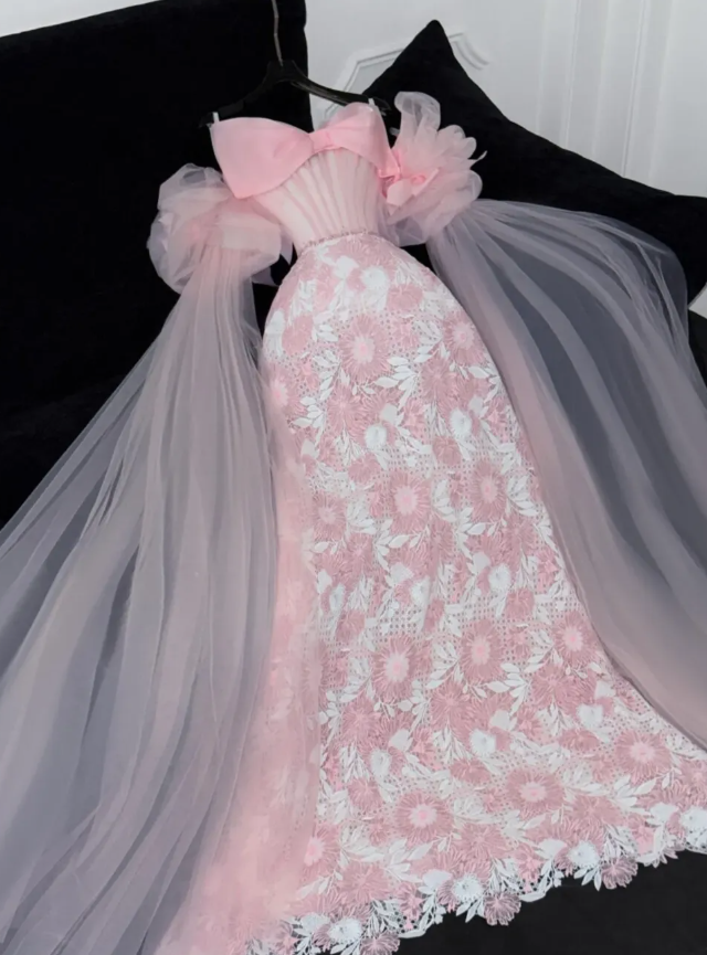 Pink Princess A Line Long Sleeve Organza Lace Prom Dress Birthday Dress Party Dress DP3087