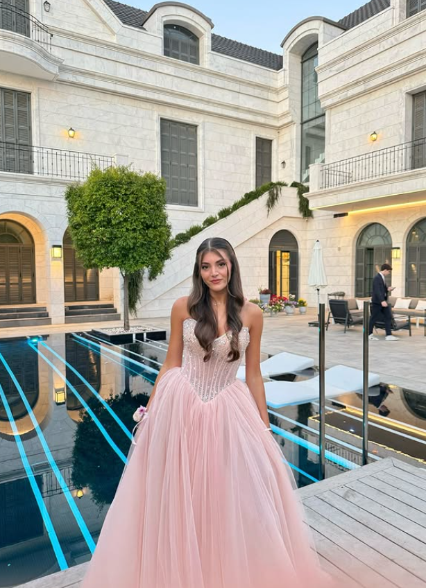 Pink A Line Sweetheart Neck Beaded Tulle Prom Dress Wedding Guest Dress DP4118