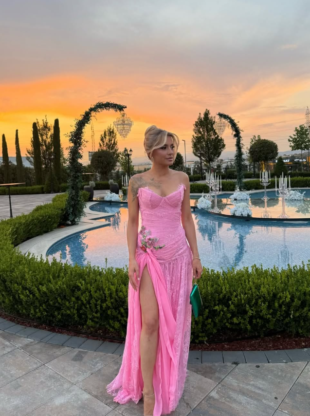 Elegant A Line Strapless Pink Lace Prom Dress Party Dress Wedding Guest Dress with Slit DP3488