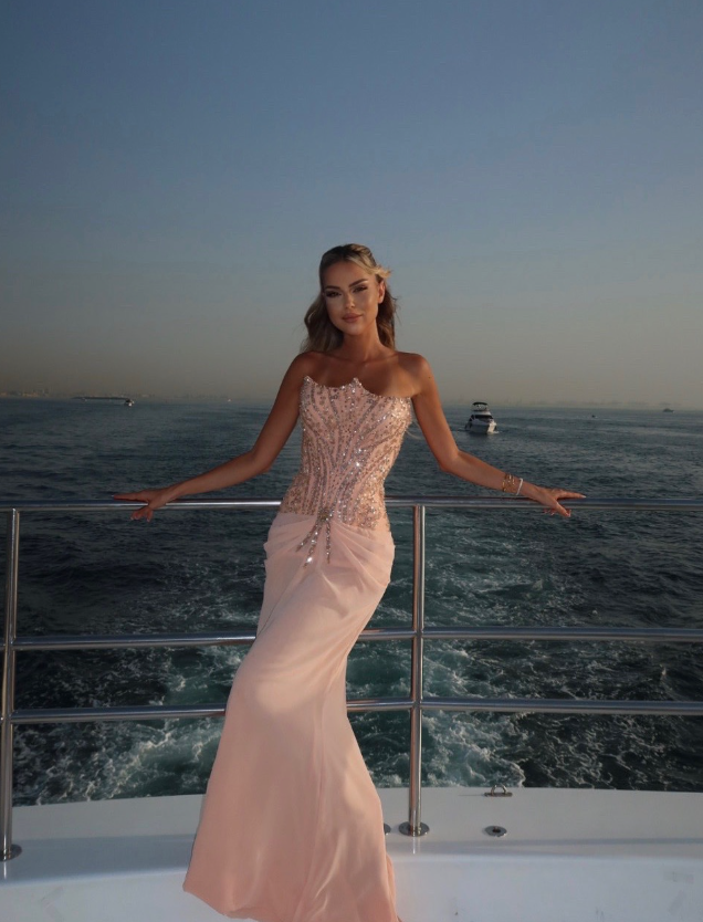 Gentle Pink Mermaid Strapless Beaded Chiffon Prom Dress Evening Dress DP4680