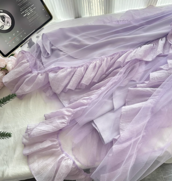 Purple A Line Halter Ruffle Tulle Vacation Dress Homecoming Dress Outfits DP3548