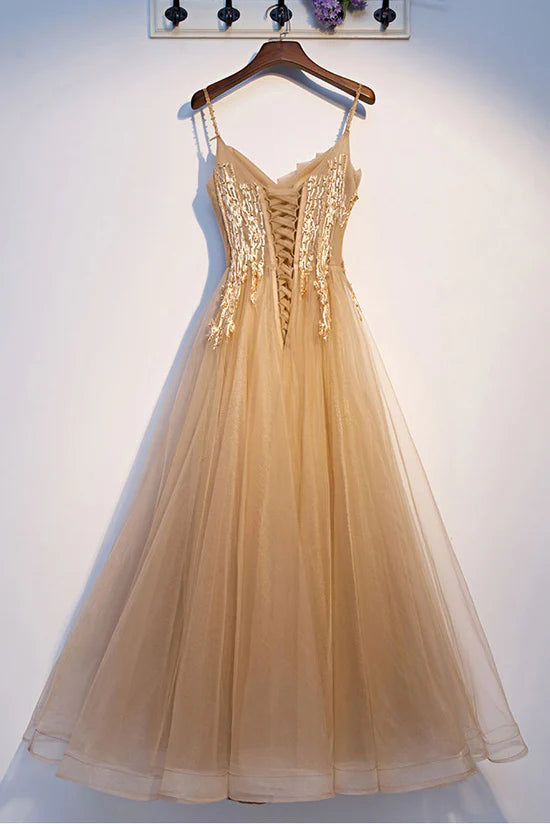 Champagne A Line Spaghetti Straps Appliques Tulle Long Evening Dress Prom Dress DP1300