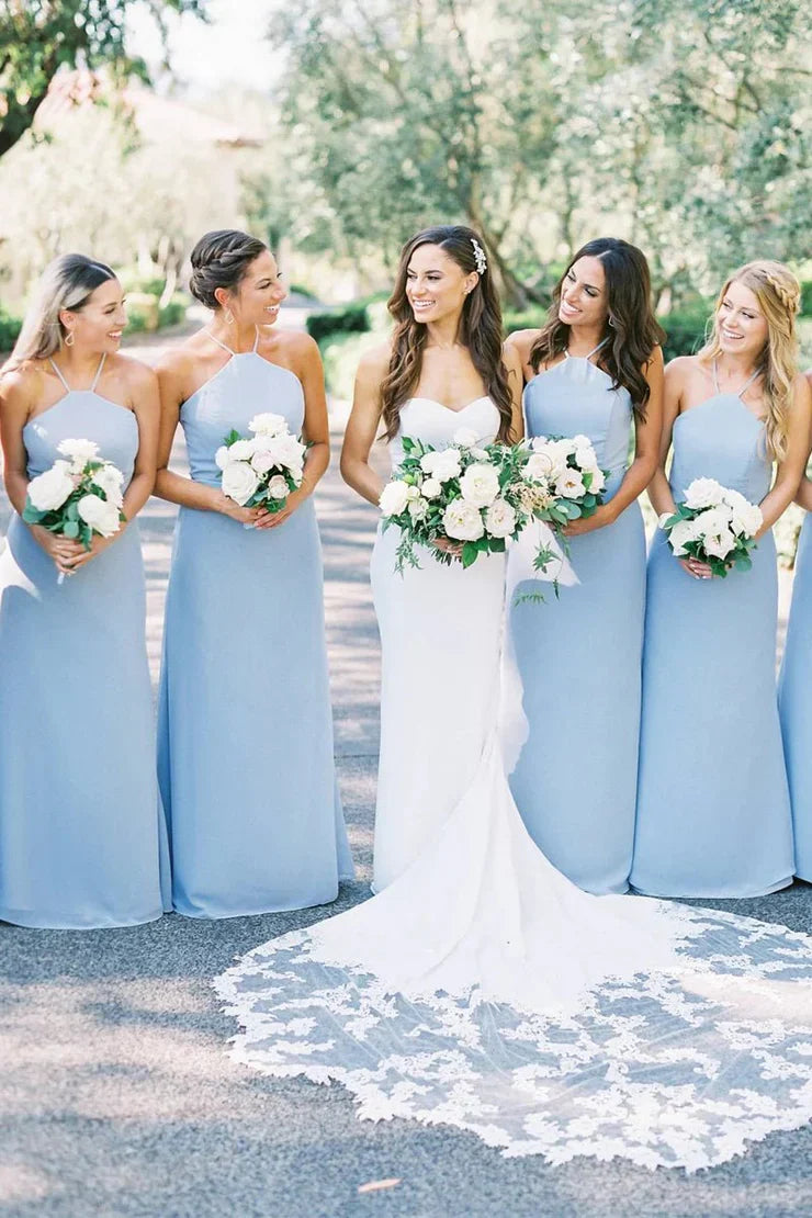 Charming A-Line Halter Sky Blue Chiffon Long Bridesmaid Dresses DP5551