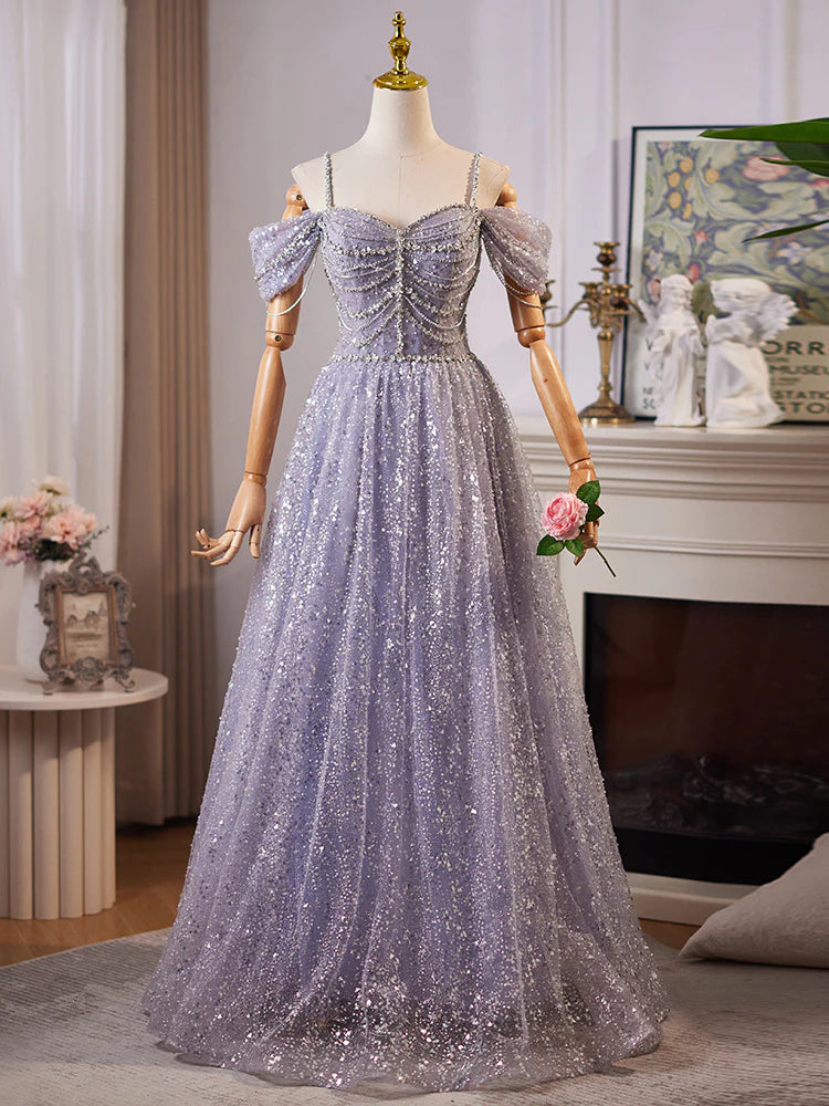 A Line Off the Shoulder Sequin Rhinestones Tulle Long Prom Dress Evening Dress DP1049