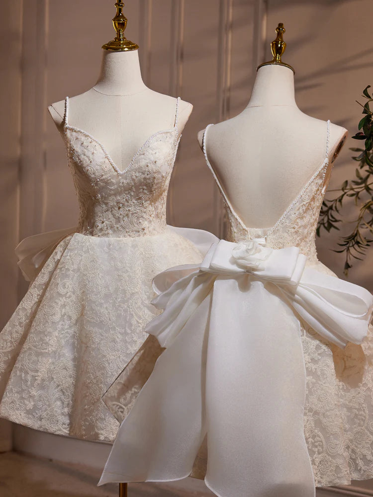 A Line V Neck Lace Bow Tulle Short Prom Dress Homecoming Dress DP1026