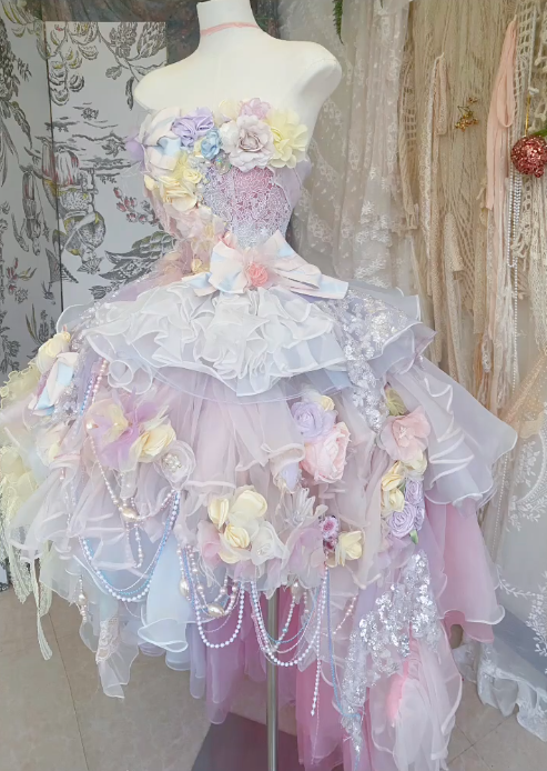 Dreamy Multi-color A Line Strapless Floral Beaded Tulle Short Prom Dress 16th Birthday Dress DP3767
