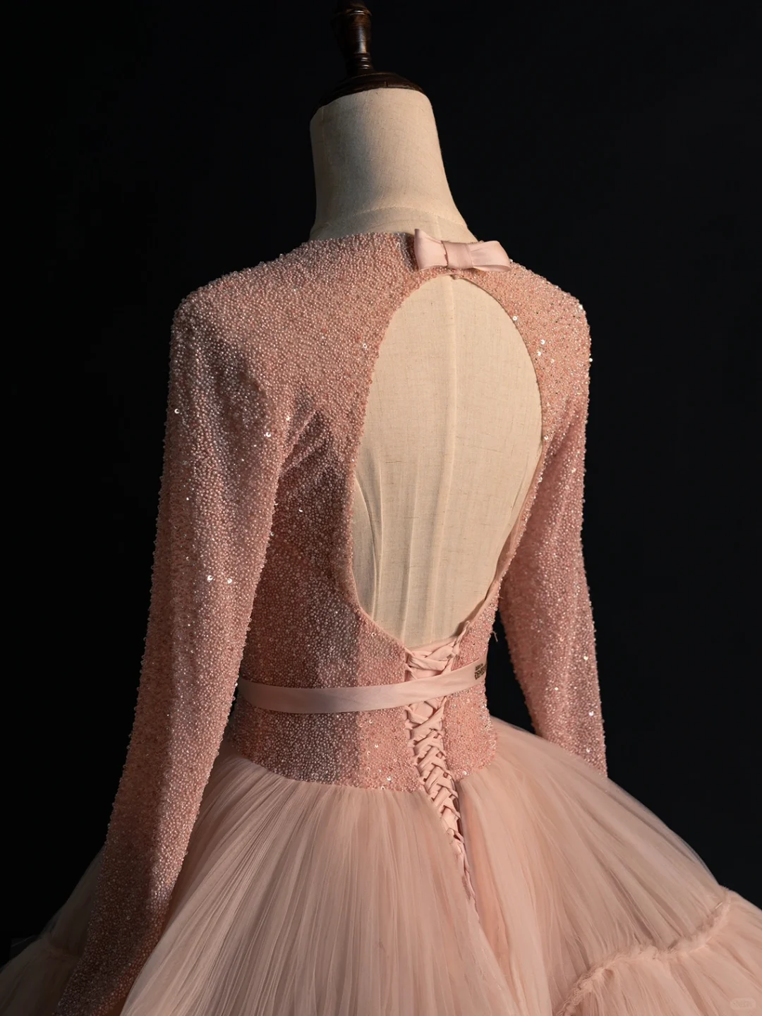 Unique A Line V Neck Long Sleeve Pink Sequin Tulle Prom Dress Evening Dress DP2178