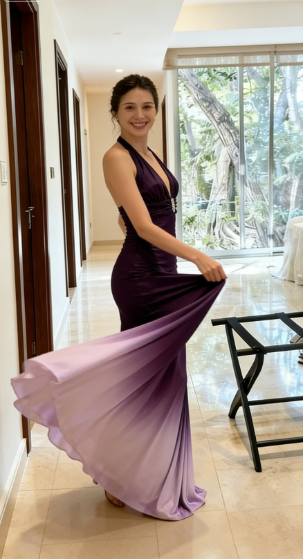 Vintage Purple Ombre Sheath V Neck Satin Open Back Long Prom Dress Graduation Prom Dress DP4871