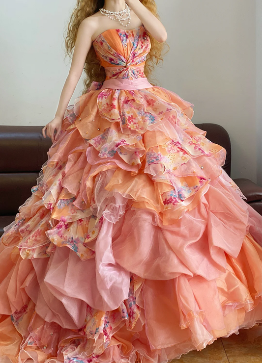 Pretty Ball Gown Strapless Beaded Print Floral Organza 16th Birthday Dress Quinceanera Dress DP4096