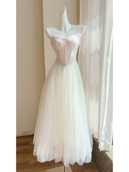 Gentle A Line Spaghetti Straps White Lace Tulle Party Dress Cocktail Dress DP2705
