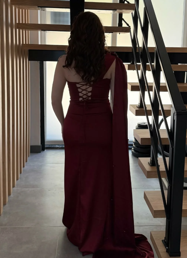 Simple Burgundy Sheath One Shoulder Satin Long Prom Dress Evening Dress DP6937
