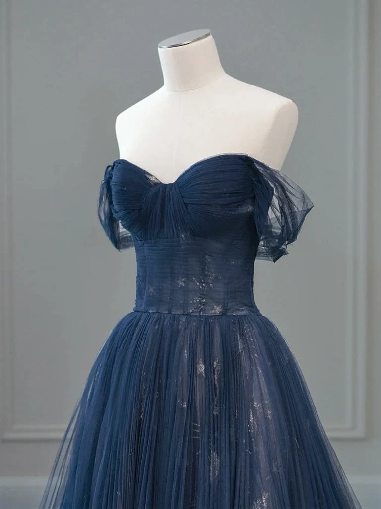 Off Shoulder Tulle Lace Dark Blue Long Prom Dress Elegant Evening Dress DP416
