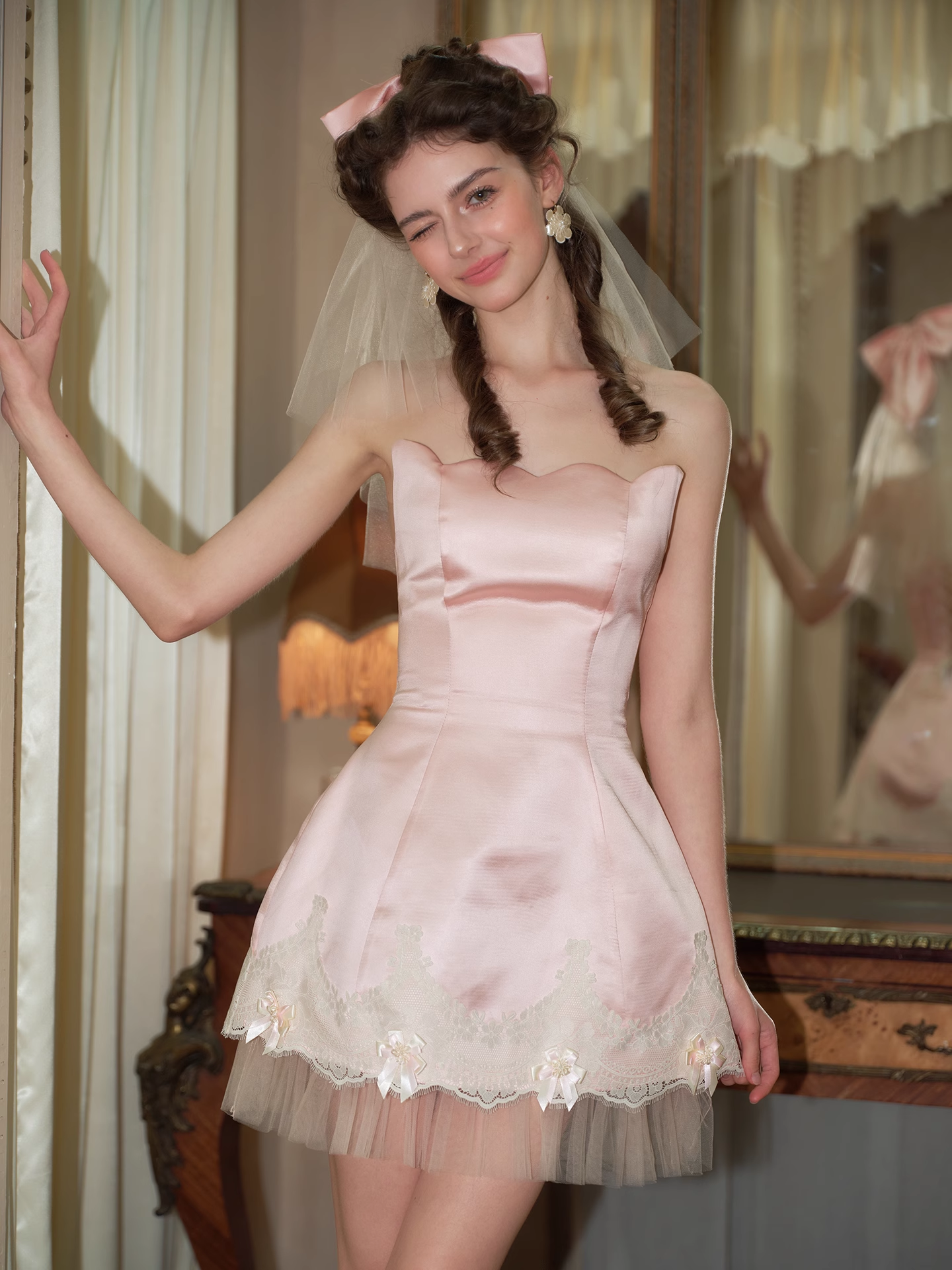 Cute A Line Strapless Lace Pink Satin Short Homecoming Dress DP2737