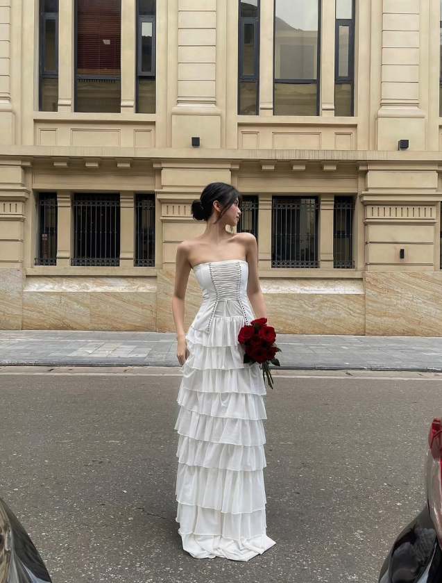 Elegant A Line Strapless Layered White Chiffon Long Prom Dress Evening Dress DP4016