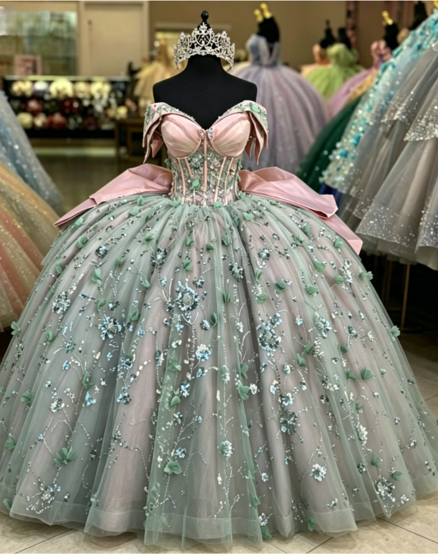 Pink Green Off the Shoulder Corset Sequin Tulle Ball Gown Sweet 16 Dre DaisyPromDress Pink Green Off the Shoulder Corset Sequin Tulle Ball Gown Sweet 16 Dre DaisyPromDress