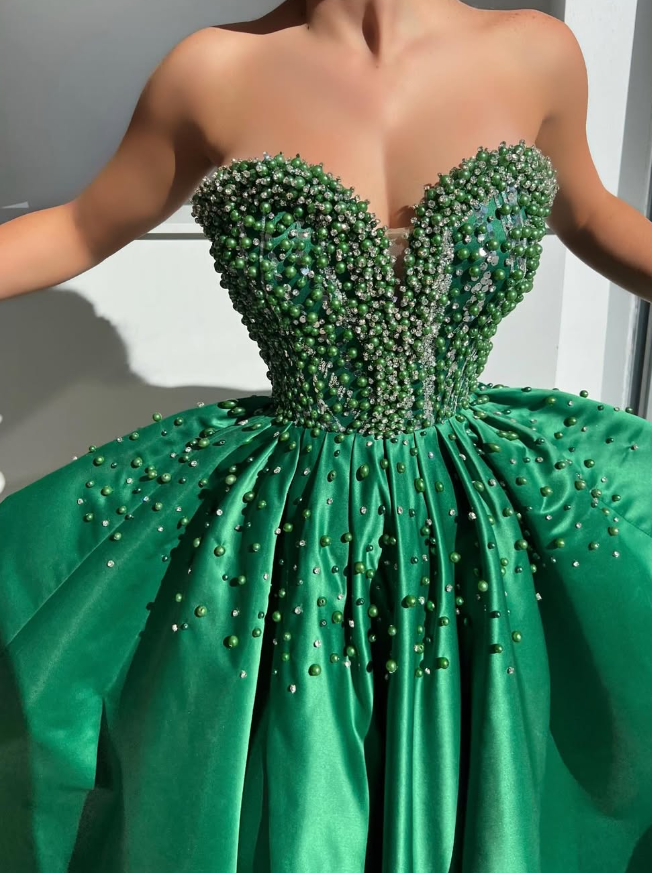 Gorgeous A Line Sweetheart Neck Pearl Rhinestone Green Satin Prom Dress Evening Dress DP1816