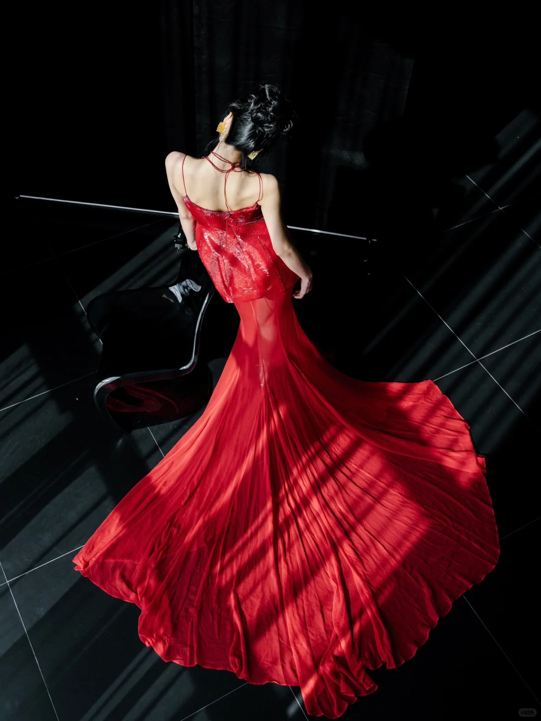 Shiny Mermaid Spaghetti Strap Red Sequin Chiffon Long Party Dress Prom Dress DP2536