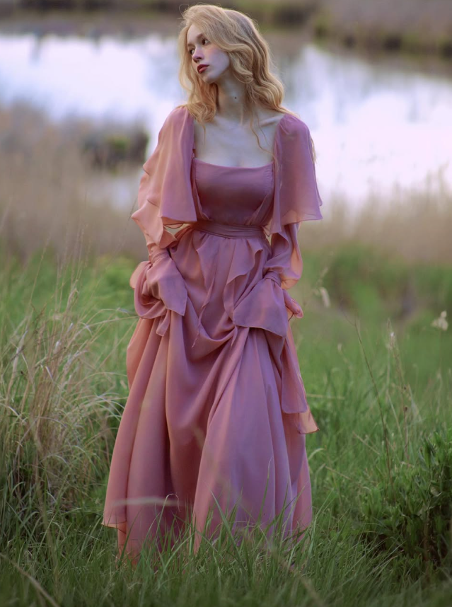 Flowy Carnation Pink A Line Long Sleeve Prom Dress Evening Dress Formal Dress DP3154