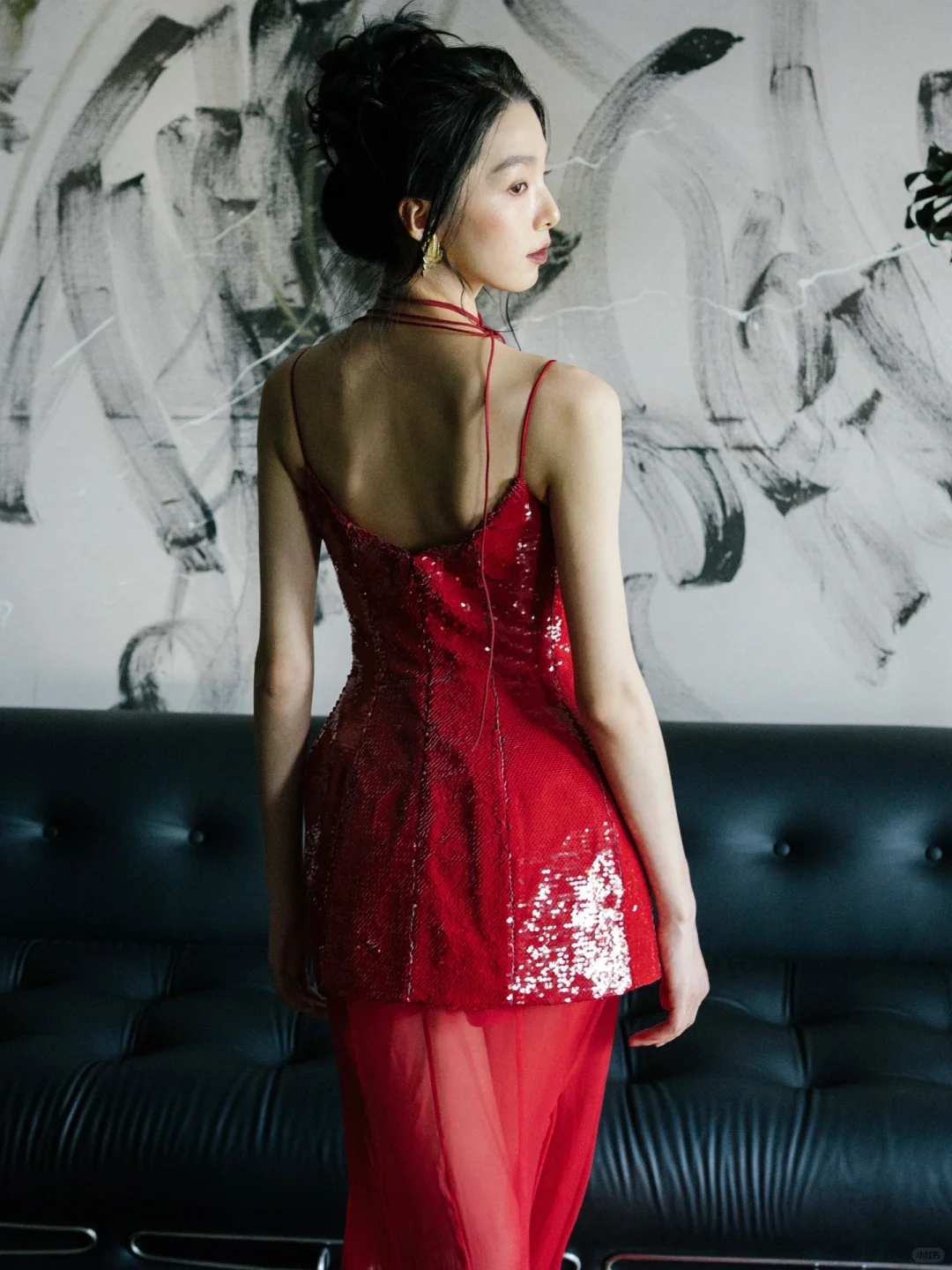 Shiny Mermaid Spaghetti Strap Red Sequin Chiffon Long Party Dress Prom Dress DP2536