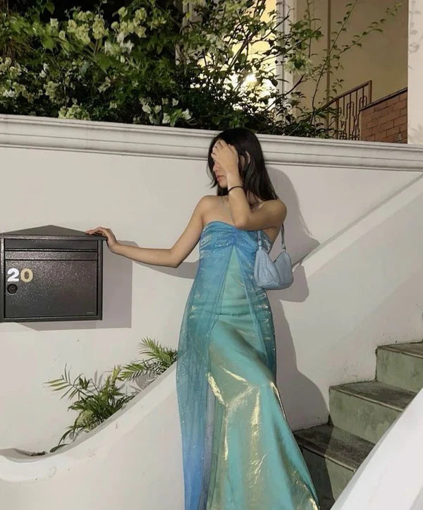 Vintage A Line Halter Blue Chiffon Satin Long Prom Dress Graduation Prom Dress DP2226