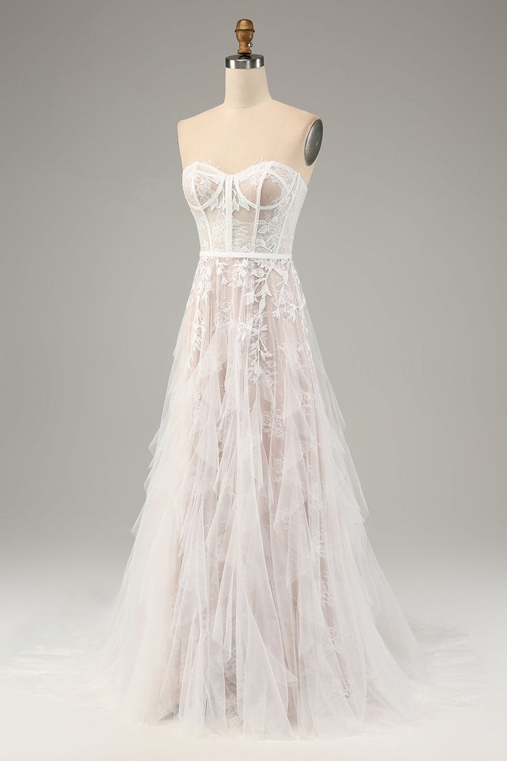 White A Line Sweetheart Neck Tulle Lace Long Prom Dress Evening Dress DP1322