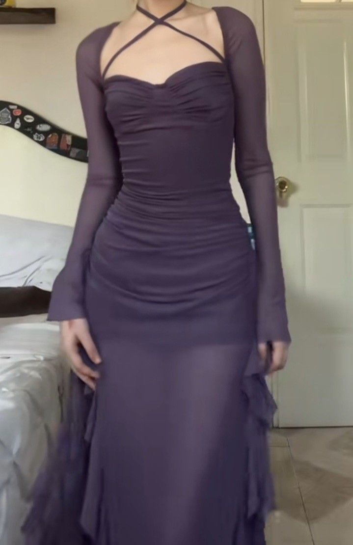 Grape Purple A Line Long Sleeve Ruffle Tulle Homecoming Dress Date Dress Outfits DP3105