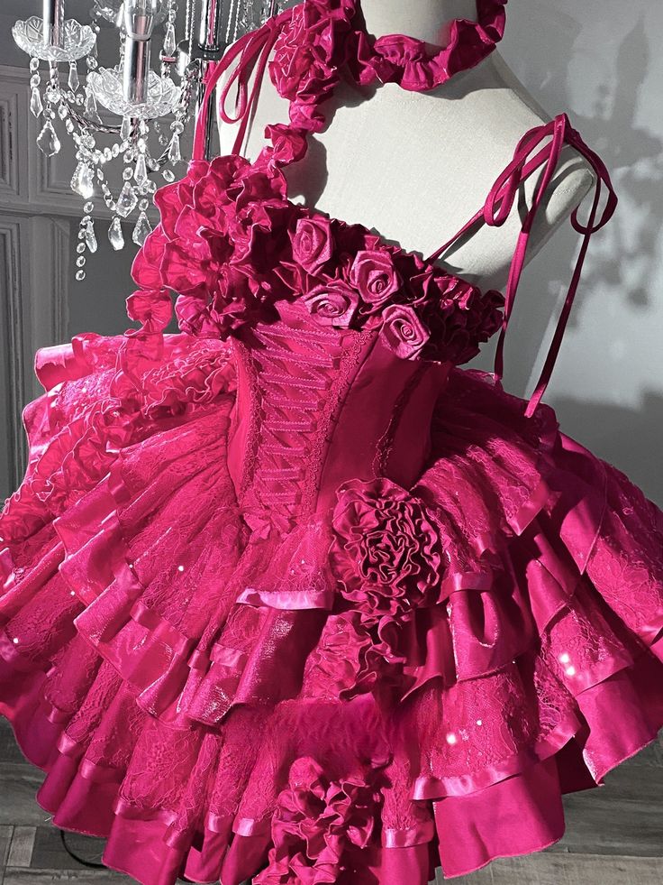 Pink Roses Neckline Lolita Goth Boning Dress Sequins Tiered Ruffle Dress DP4069