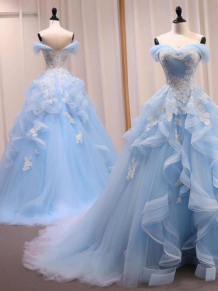 A Line Sweetheart Neck Tulle Lace Blue Long Prom Dress Blue Sweet 16 Dress DP3363
