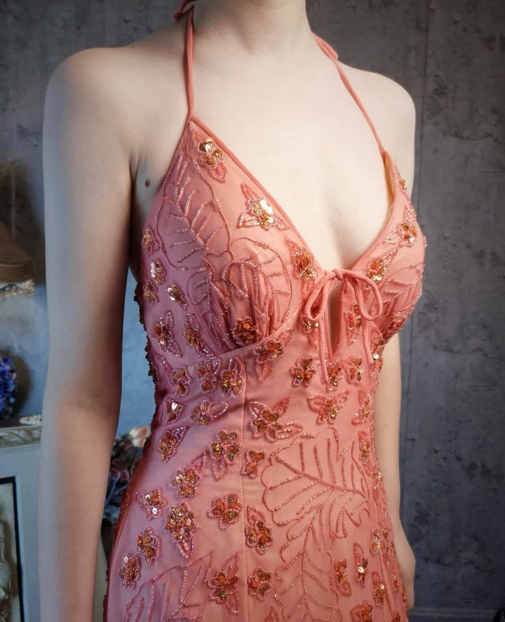 Stunning Sheath Halter Beaded Pink Chiffon Open Back Party Dress Evening Dress DP2366