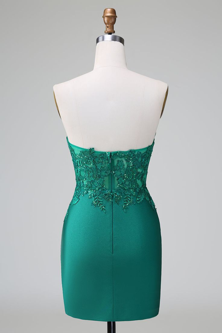 Sheath Strapless Deep V-Neck Applique Satin Short Prom Dress DP781