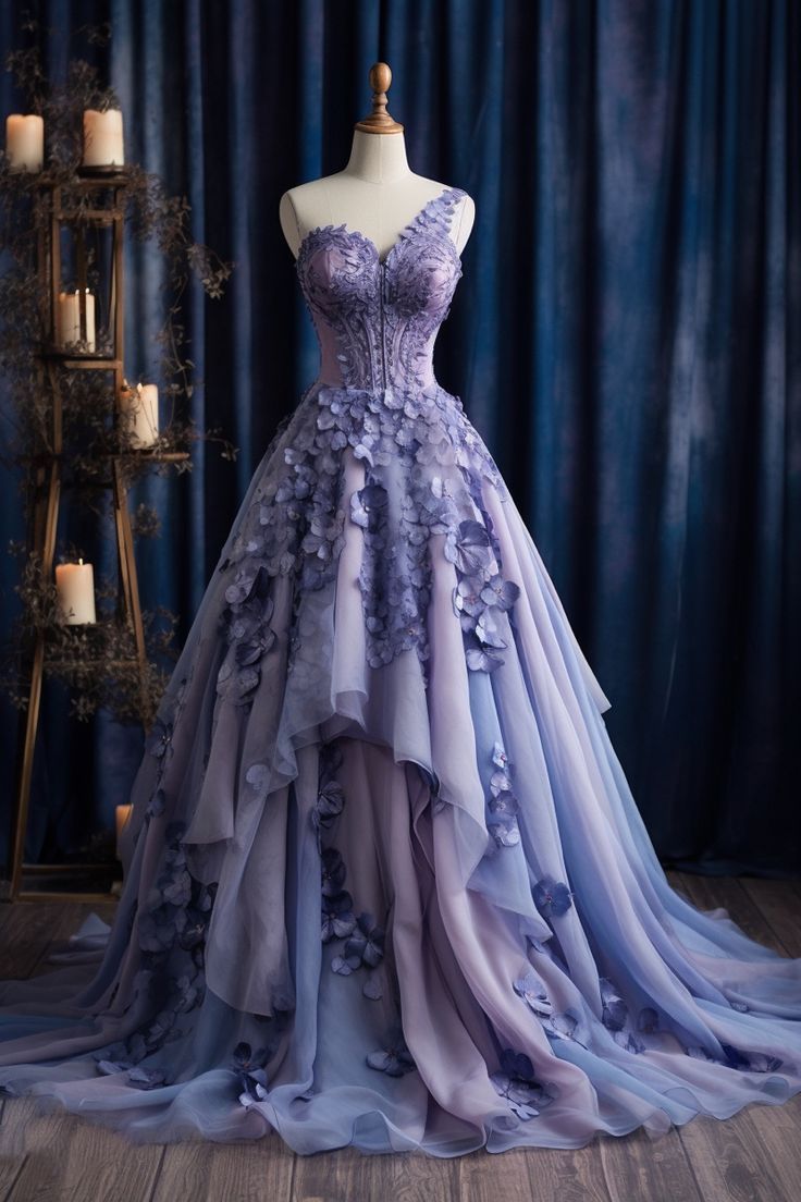 Purple A Line One Shoulder Appliques 3D Flower Chiffon Prom Dress Evening Dress DP1944